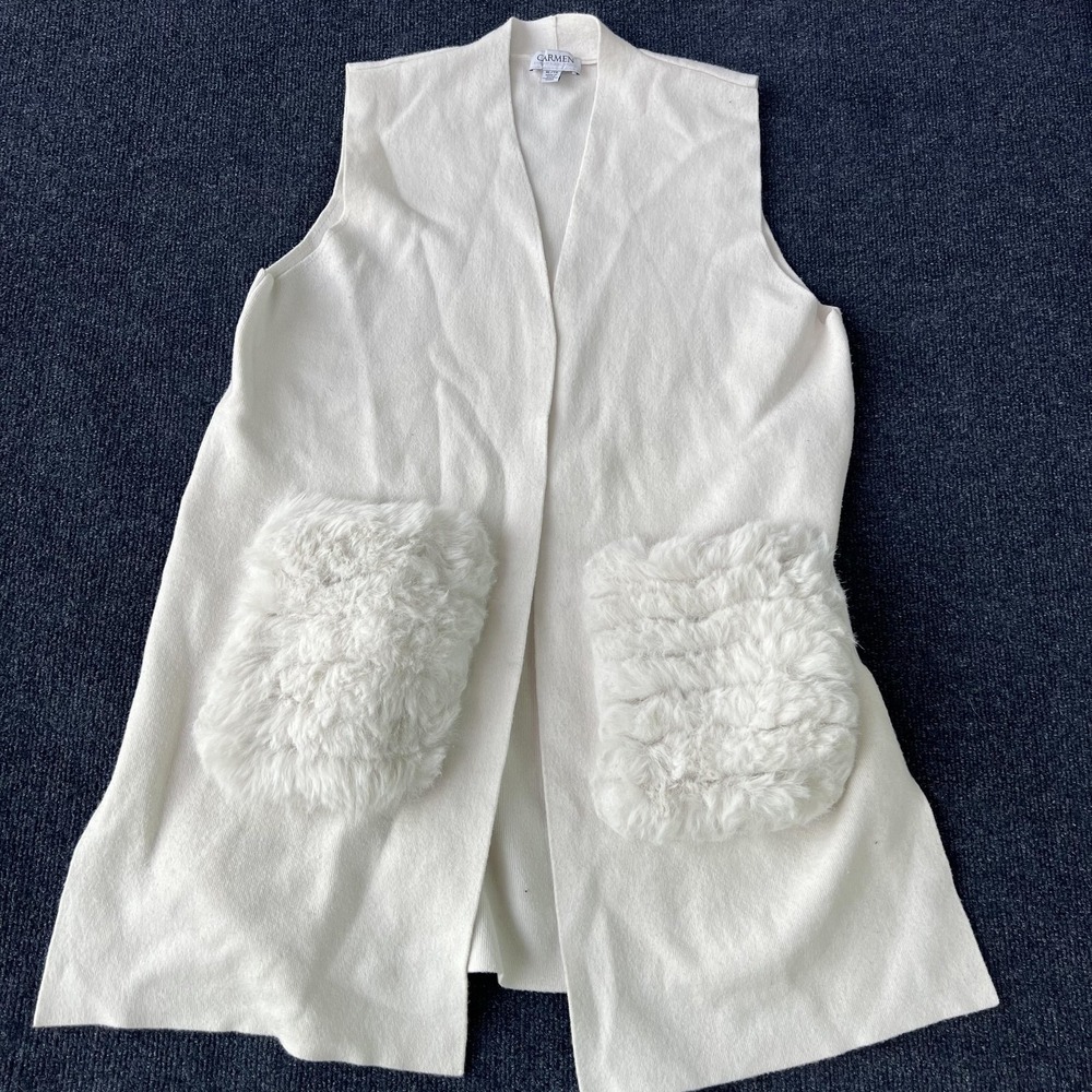 Carmen Marc Valvo Vest Womens XL White Open Front Longline Faux Fur Pockets